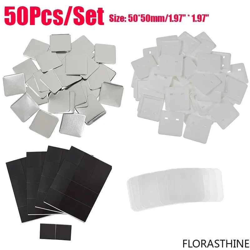 50個-セット-バッジマシン消耗品-バッジパーツ-50-50mm-正方形-強力磁石-冷蔵庫用メタルボタンピン