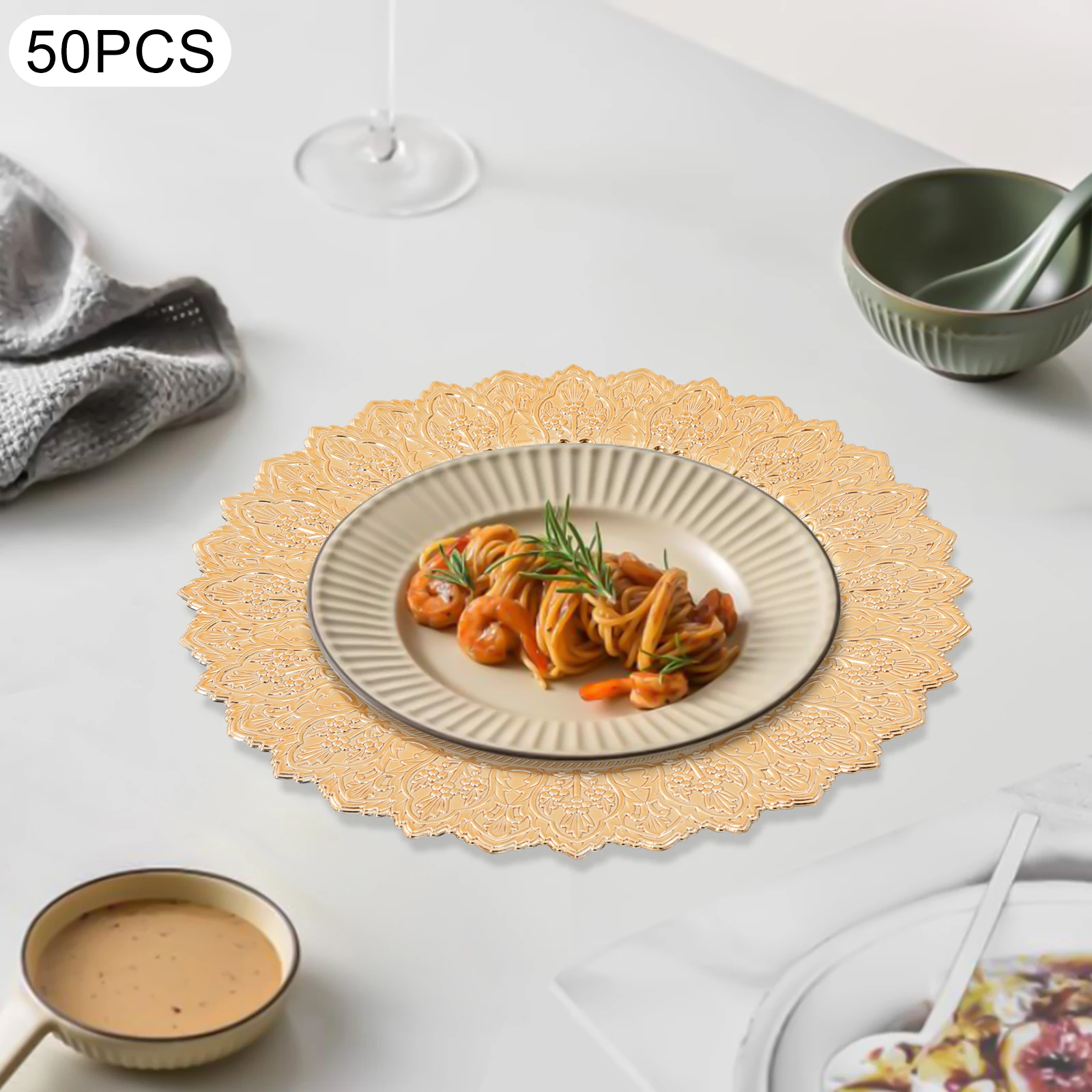 

Gold PP Material 13-inch Western Dim Sum Plate Single-sided Painted Embossed Decorative Plate Banquet Gold Chassis