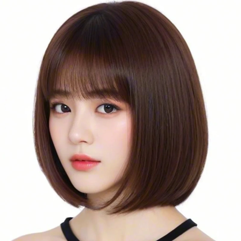 12 Inch Natural Straight Brown Short Synthetic Fiber Bob Wig, Classic And Casual Style, Perfect For Daily Wearing