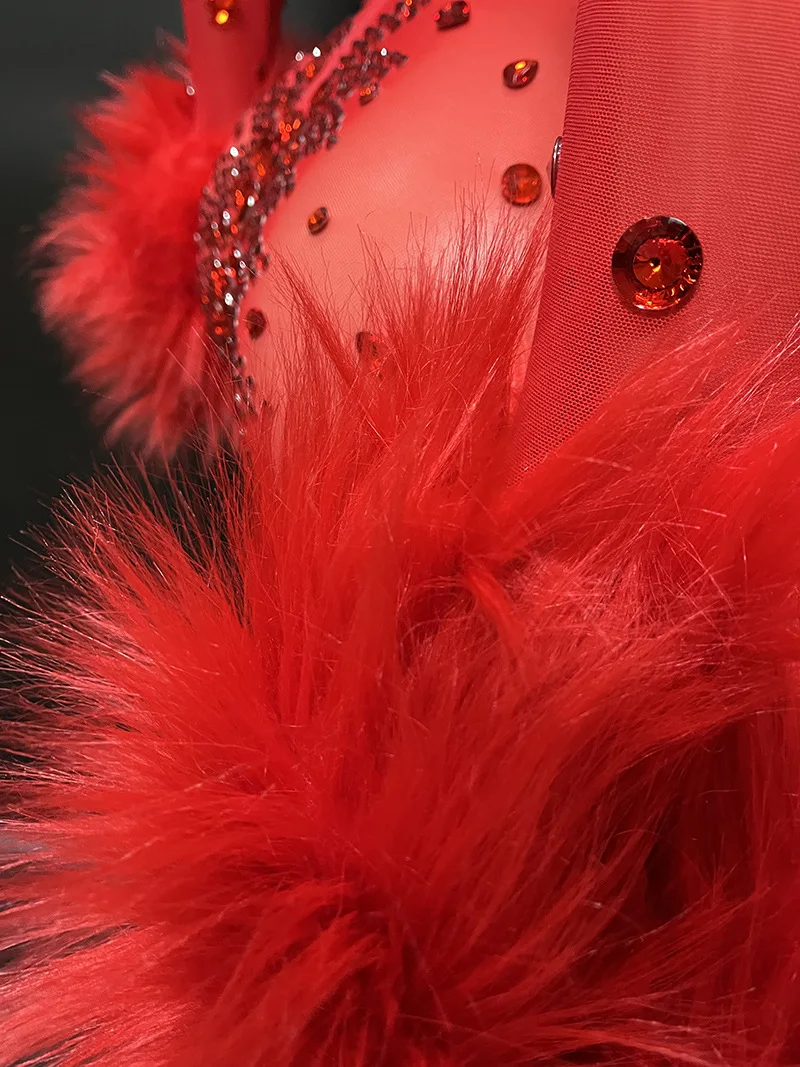 Sexy Perspective Red Fur Stone Long Jumpsuit For Ladies Club Wear Birthday Outfits Vestido De Festa Crystal Embellished Dresses