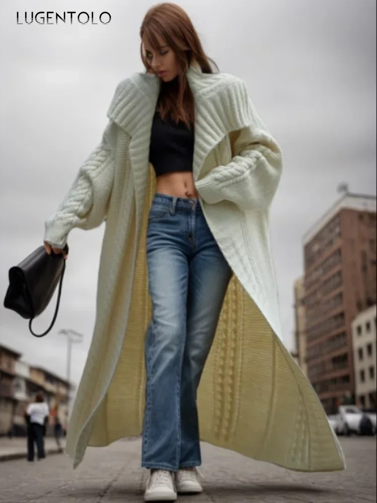 Women Lapel Long Sweaters Knitted Cardigan Autumn Winter New Loose Female Casual Simple Elegant Street Clothing