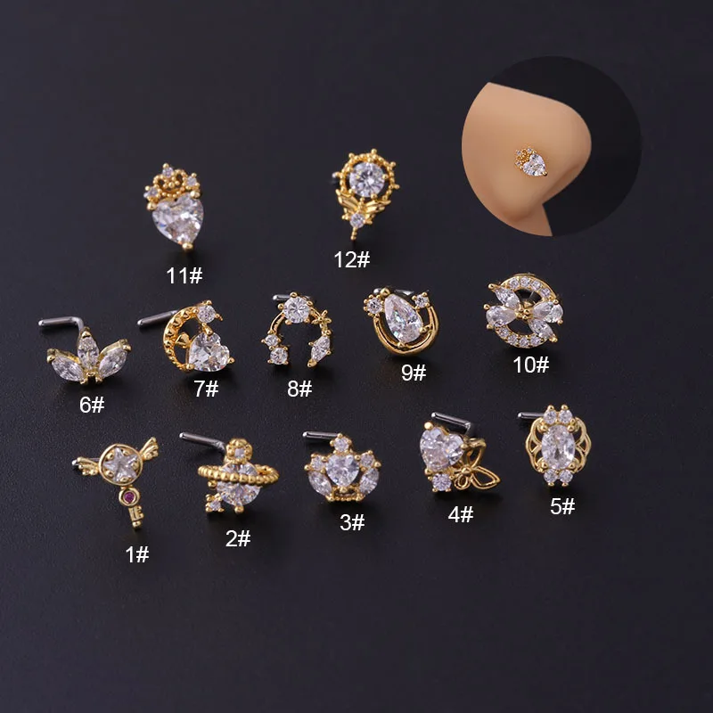 

1PC Fashion Gold Color Nose Stud Nose Piercing Jewelry Surgical Stainless SteeL Cz L Shape Nose Stud Heart Crown Screw Nose Ring