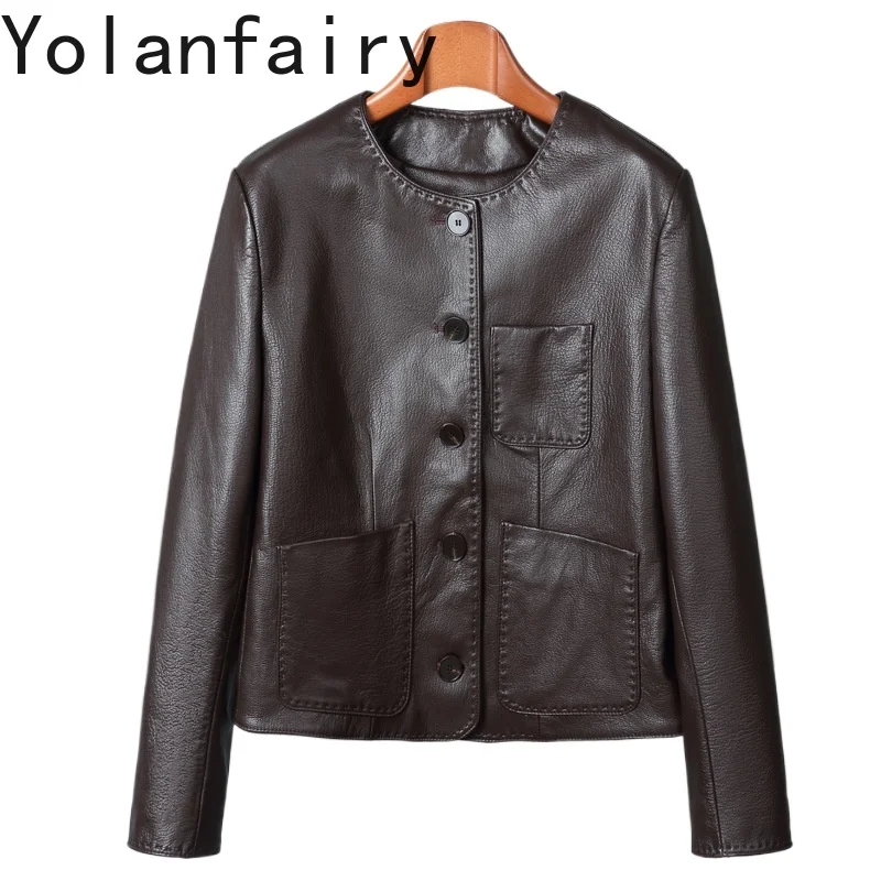 

YOLANFAIRY Spring Autumn Real Sheepskin Genuine Leather Jacket Women Chic Short Leather Coat O-neck Casual Slim Leather Jackets