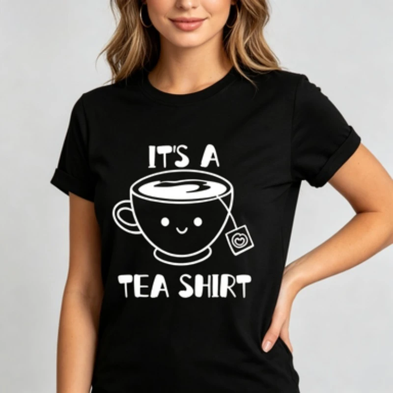 Women It's A Tea Shirt Print T-Shirt Cute Smiley Teacup Graphic Casual Short Sleeve Round Neck Funny  Tee Top White Black