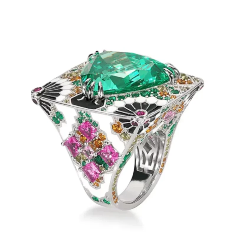 Bellux Women Luxury Art Deco Statement Ring Triangle Cut Emerald Multi Color Zircon Enamel Vintage Big Gem Cocktail Ring
