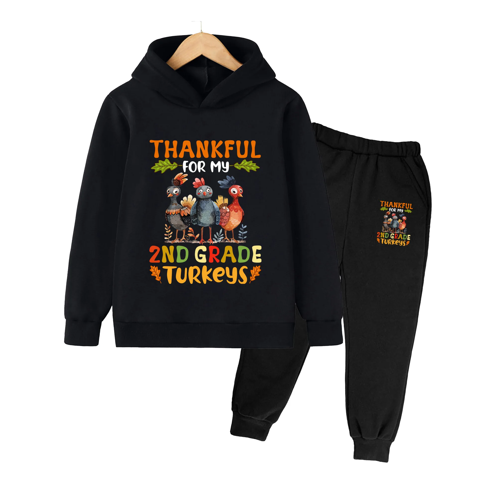 Kids Thanksgiving Thankful 2nd Grade Turkeys Print Hoodie & Sweatpants Set for Boys Girls Fall Outfit