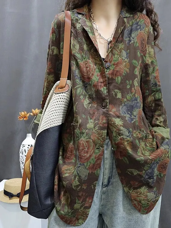 

Женский льняной костюм в стиле ретро с цветочным принтом Jaet, свободный повседневный универсальный костюм средней длины, лето 2022, длинный свеч на пуговицах