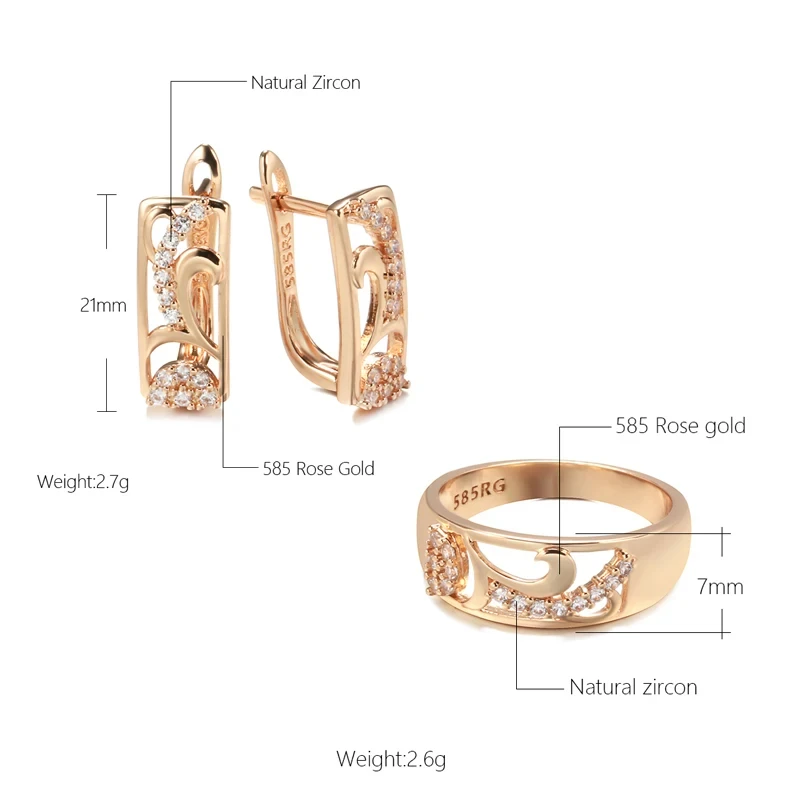 Wbmqda Luxury Crystal Flower Drop Earrings Ring For Women 585 Rose Gold Color With Natural Zircon Vintage Ethnic Jewelry Sets