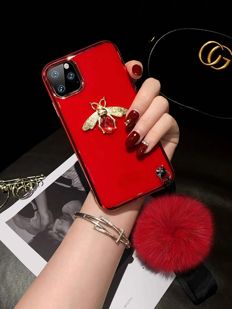 Luxury Glitter Diamond bee Furball Lanyard Electroplated Phone Case For iPhone 14 13 12 11 Pro Max X Xr Xs 7 8 Plus SE2020 Cover