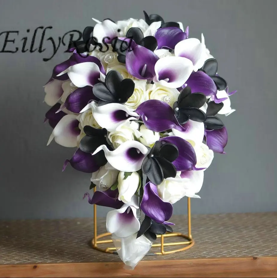 

EillyRosia Solid Purple Calla Lily Teardrop Bridal Bouquet Picasso Galaxy Orchids Romantic Wedding Bouquet Decor Boutonnieres