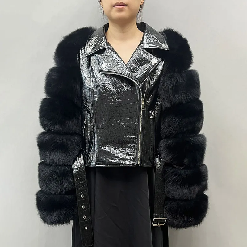 Womens Real Sheepskin Patent Leather Jacket Fashion Turn Down Collar Medium Length Leather Coat Fur Sleeve