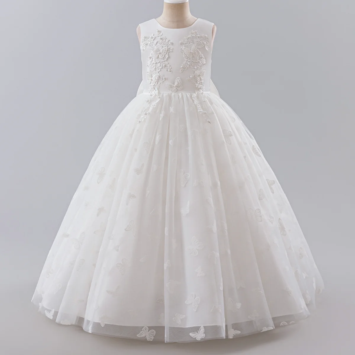 فستان الأميرة الشبكي الجديد للفتيات ذو الفراشة الطويلة بلون سادة بدون أكمام، فستان سهرة لأداء البيانو لفتاة الزهور