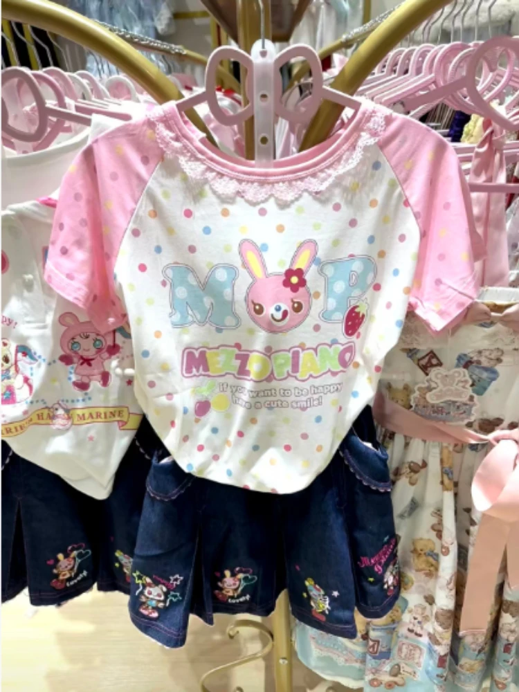 Y2K Cute Printed T Shirt Crop Top Mini Skirt Suit Women Japanese Kawaii Style Casual Daily Beach Holiday Two Piece Outfits
