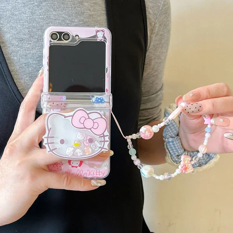 

Чехол-подставка с милым мультяшным рисунком Sanrio Hello Kitty для телефона Samsung Galaxy Z Flip 6 5 4 3, прозрачный мягкий чехол из ТПУ со шнурком
