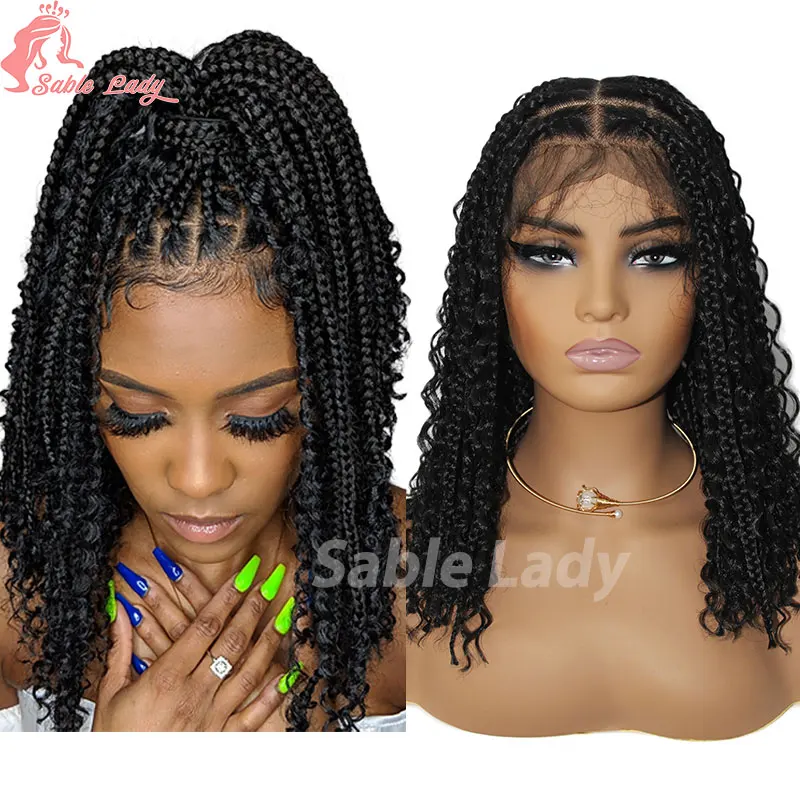 Peluca sintética con trenzas de caja corta para mujer, pelucas trenzadas Bohemias de aciano, rizadas, diosa, sin nudos, encaje frontal completo, Bob, 12"