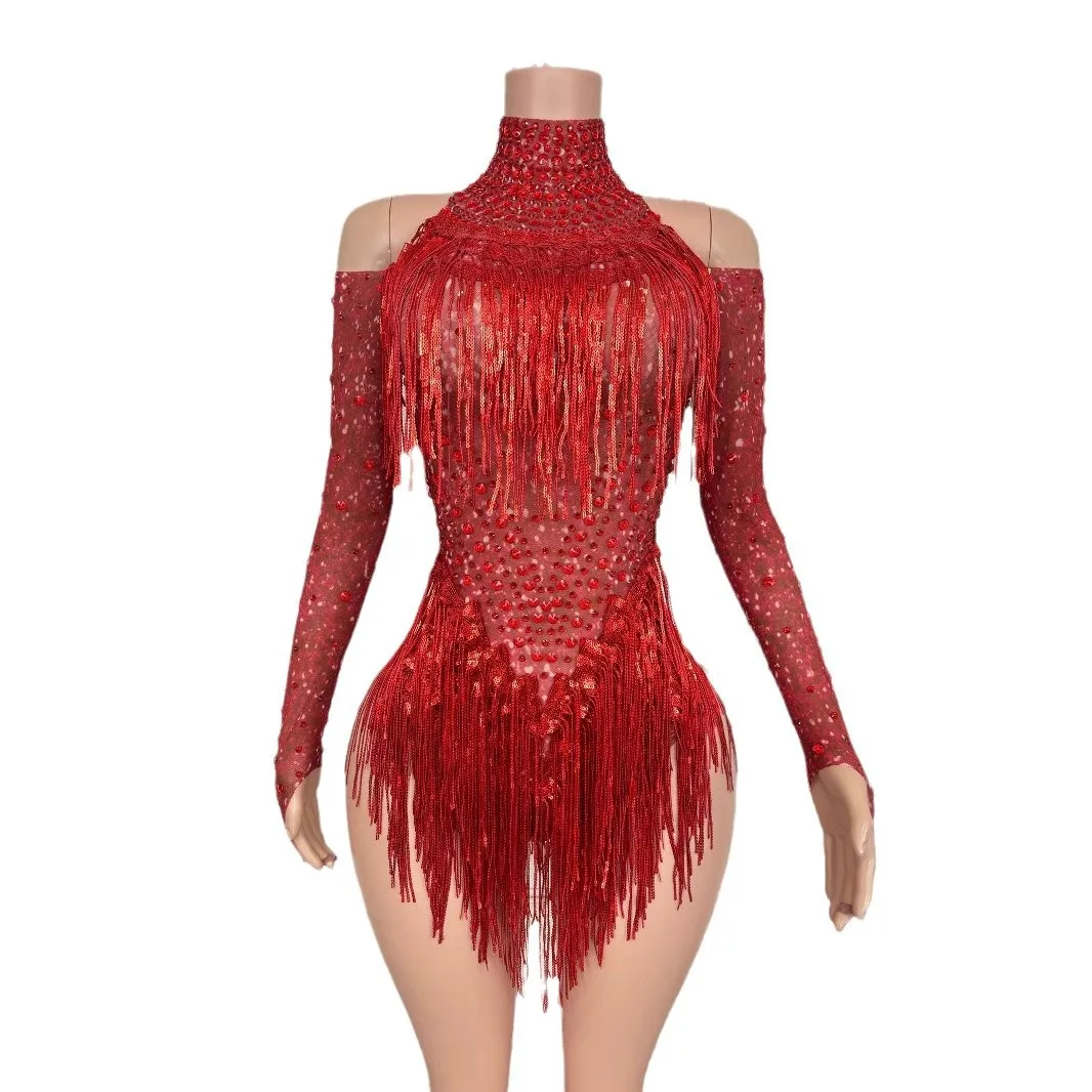 เครื่องแต่งกายไนท์คลับบาร์เพชรSequins Fringedตาข่ายOnesiesนักร้องหญิงรุ่นCatwalk Vestido De Mujer Para Bodas Invitada