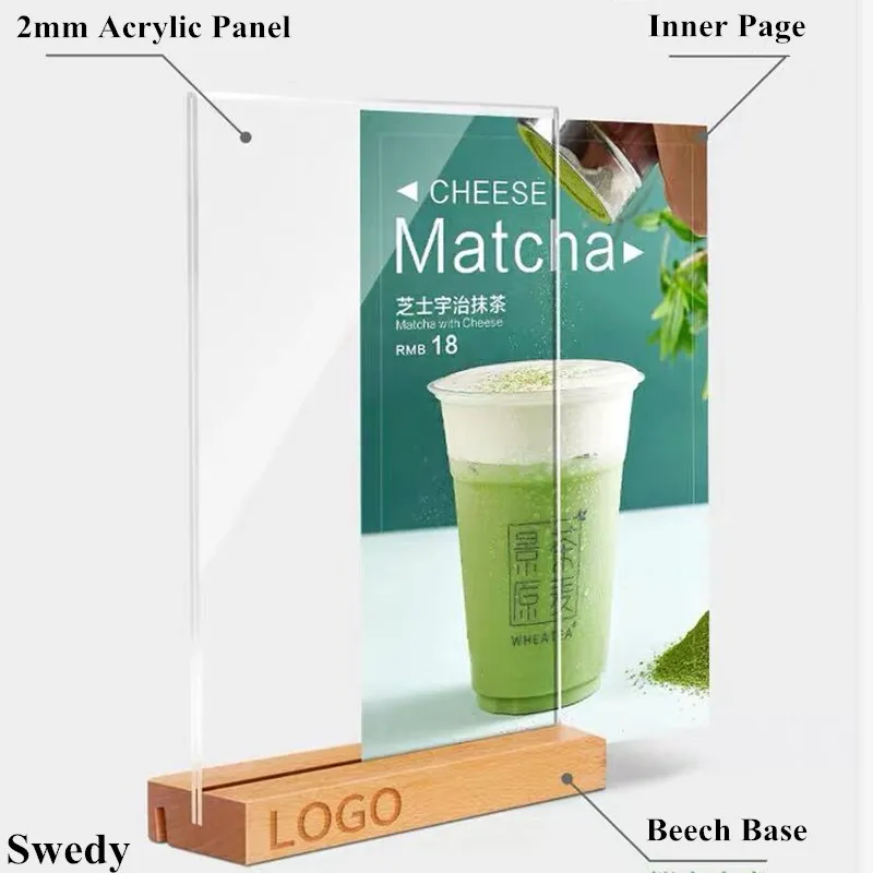 5 Pieces A5 148x210mm T / L Use Table Restaurant Menu Paper Holder Price Label Holder Wood Acrylic Sign Holder Display Stand
