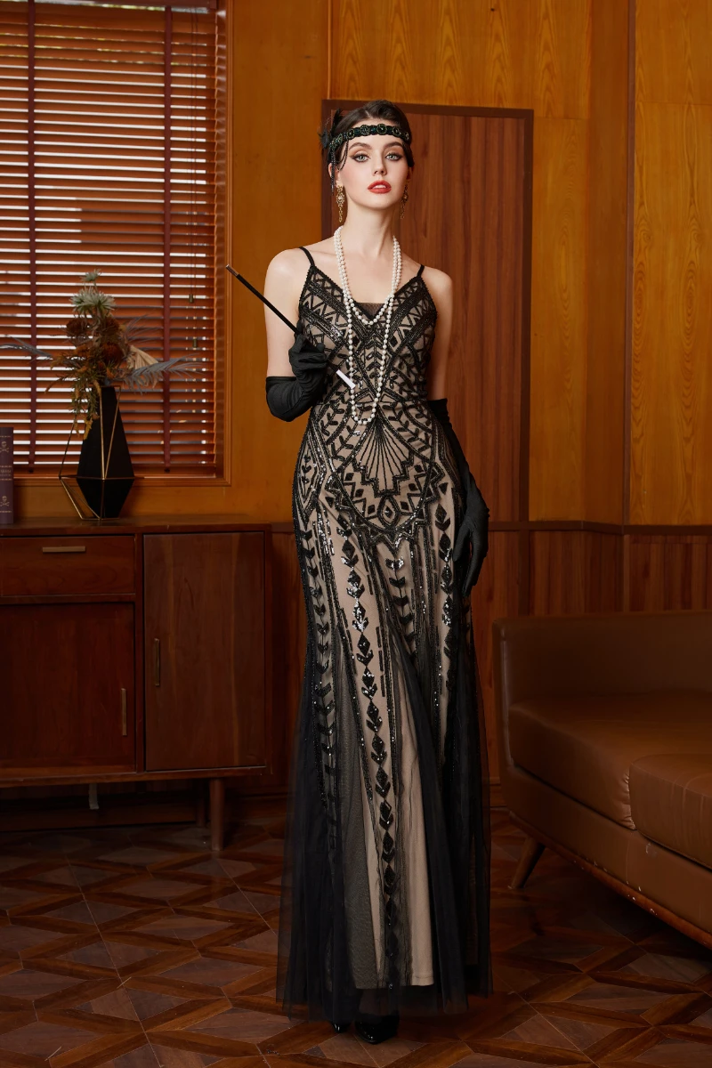 فستان ماكسي بحزام سباغيتي مزين بالترتر من غاتسبي - فستان رسمي مطرز باللون الأسود للحفلات المسائية #1