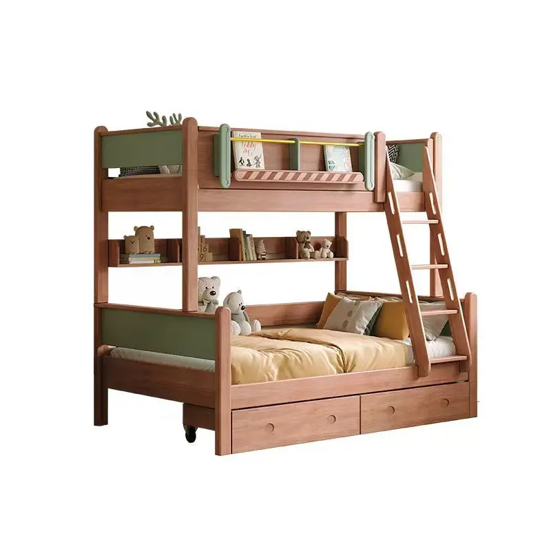 high and low bed bunk bed bedroom double bed, multi-functional rubber wood mother bed