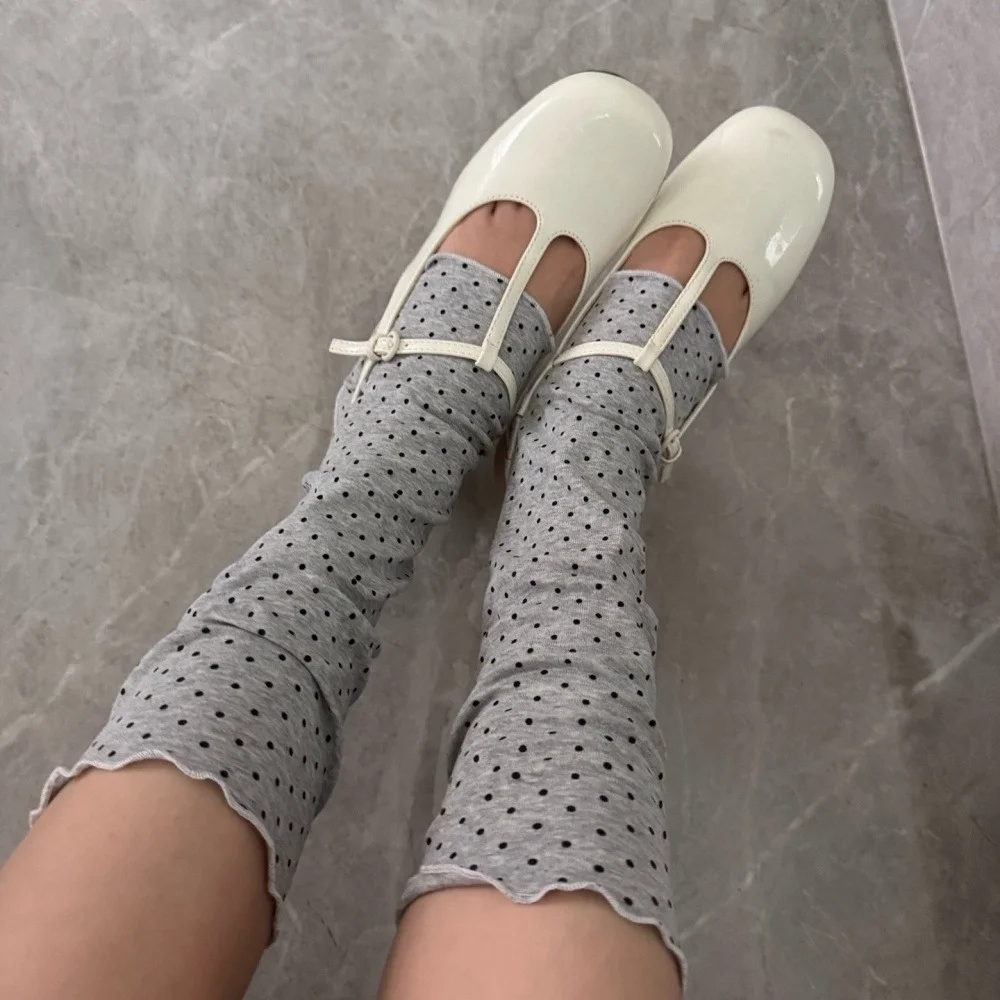 Korean Style Ruffle Edge Polka Dot Leg Warmer Slouch Mid Calf Socks Women Soft Thin Stackable Dot Print Knee High Decorations view 4