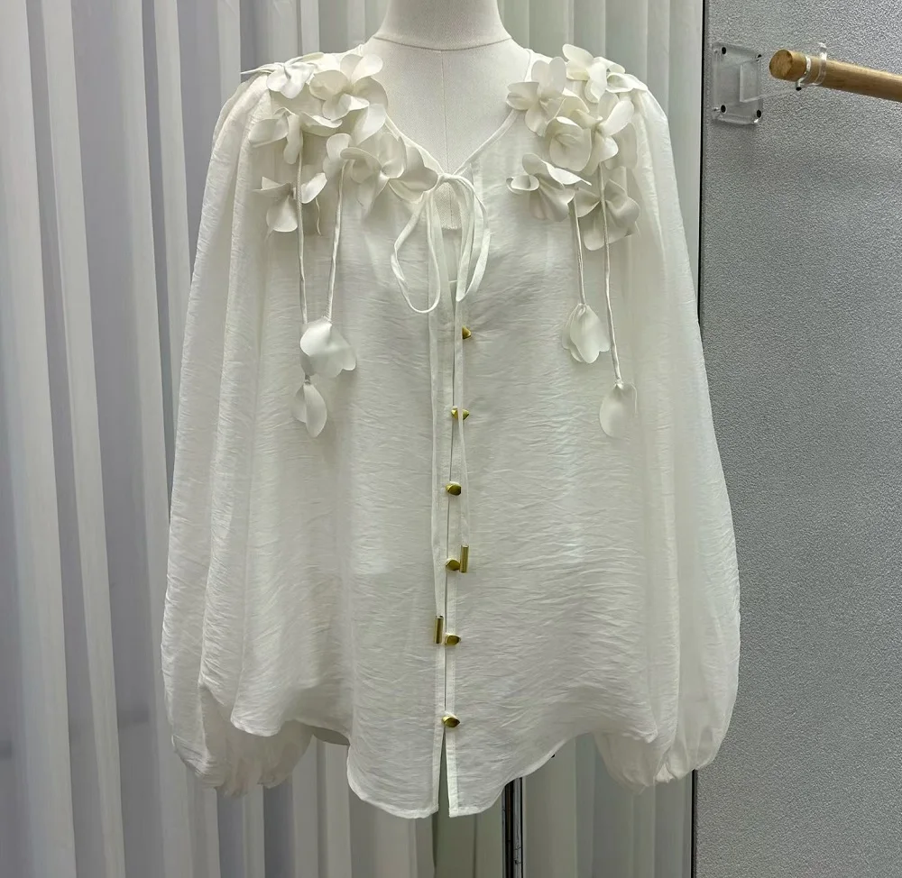 

Top Quality New Linen Blouse Shirts 2026 Spring Summer Style Women Sexy V-Neck Tassel Flower Deco Long Sleeve Loose White Shirt
