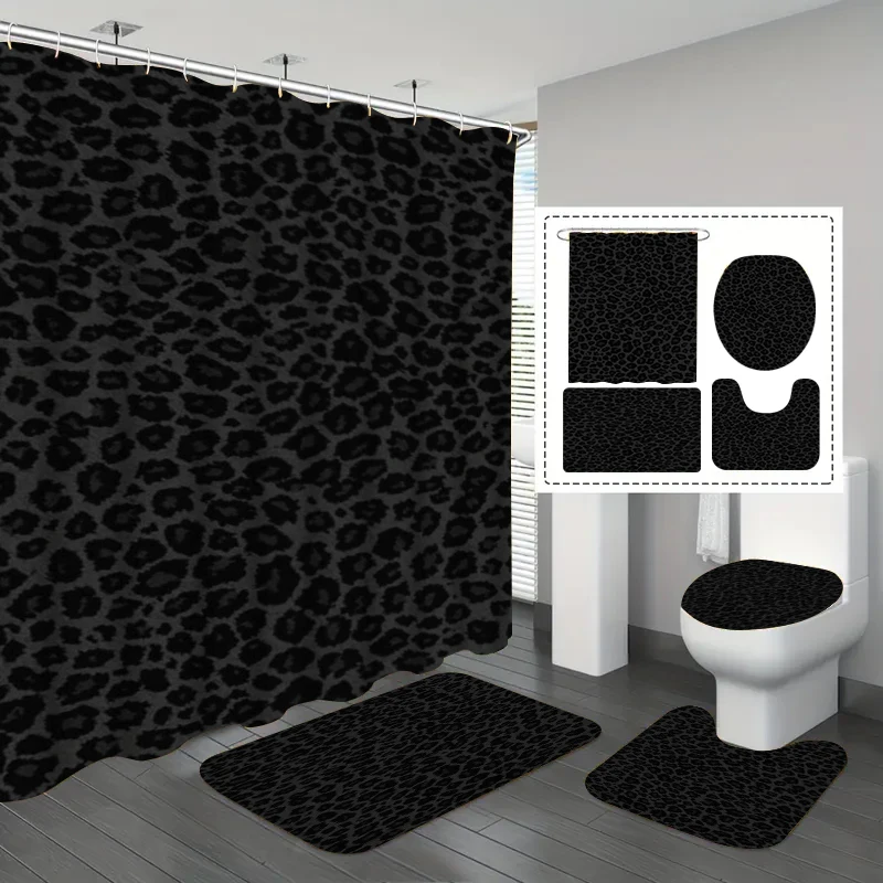 1/3/4Pcs Classic Dark Gray Leopard Print Shower Curtain Set, Waterproof and Quick-Drying, Large Size Bathroom Partition Curtain