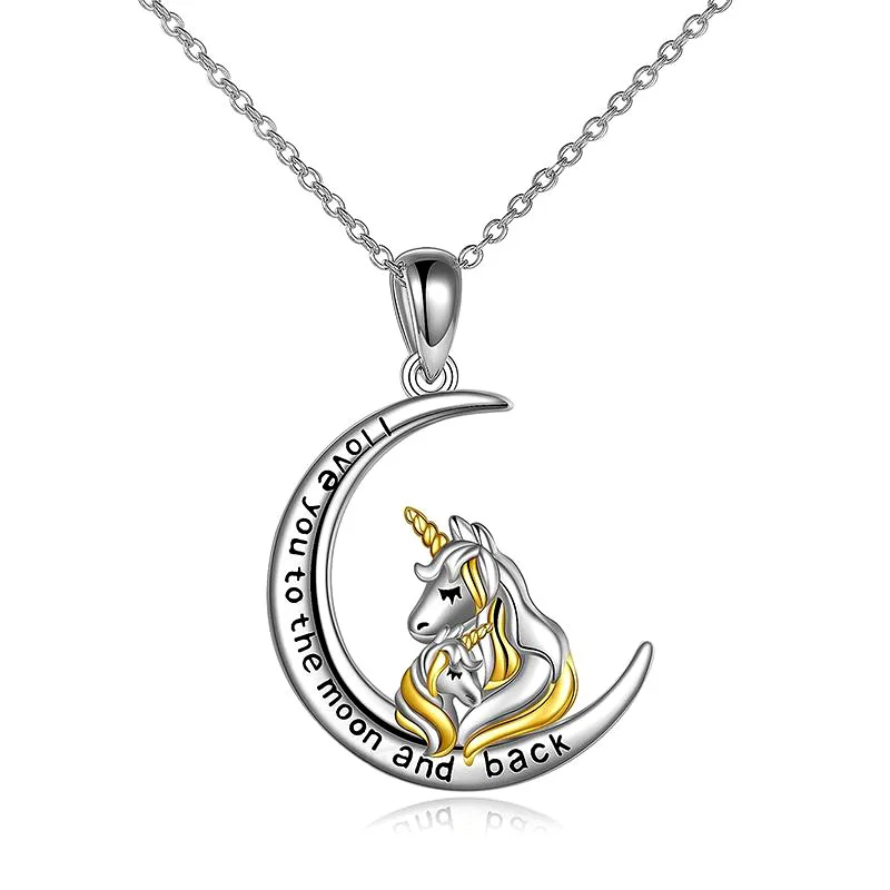 S925 Sterling Silver Necklace Women's Platinum Plated Unicorn Mother and Child Popular Personalized Fashion Jewelry