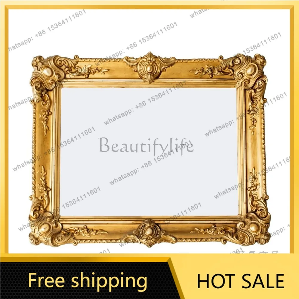 YJ French Retro Carved Wall Mirror Mid‑Century Vintage Vanity Unit For Dressing Table Washstand Entryway Home Decor