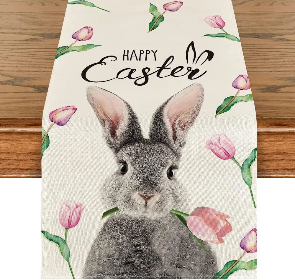 

Bunny Rabbit Tulip Flowers Easter Linen Table Runner Holiday Party Decor Spring Easter Dining Table Runners Wedding Decorations