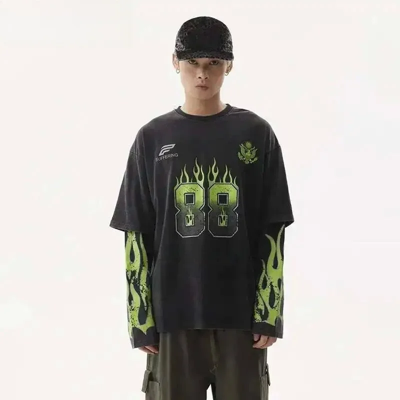 

PFNW American Waed Long Sweater T-irt Men's round Ne L Cleanfit Sle Nine-point Sve PU Leather Ciwalk Suitable