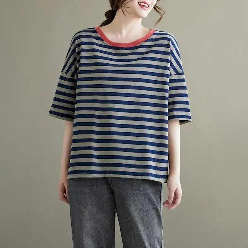 Fashion Striped T-shirts for Women Summer Trend Thin Short Sleeve Top Collar Contrasting Five Quarter Sleeve Loose Versatile Tee