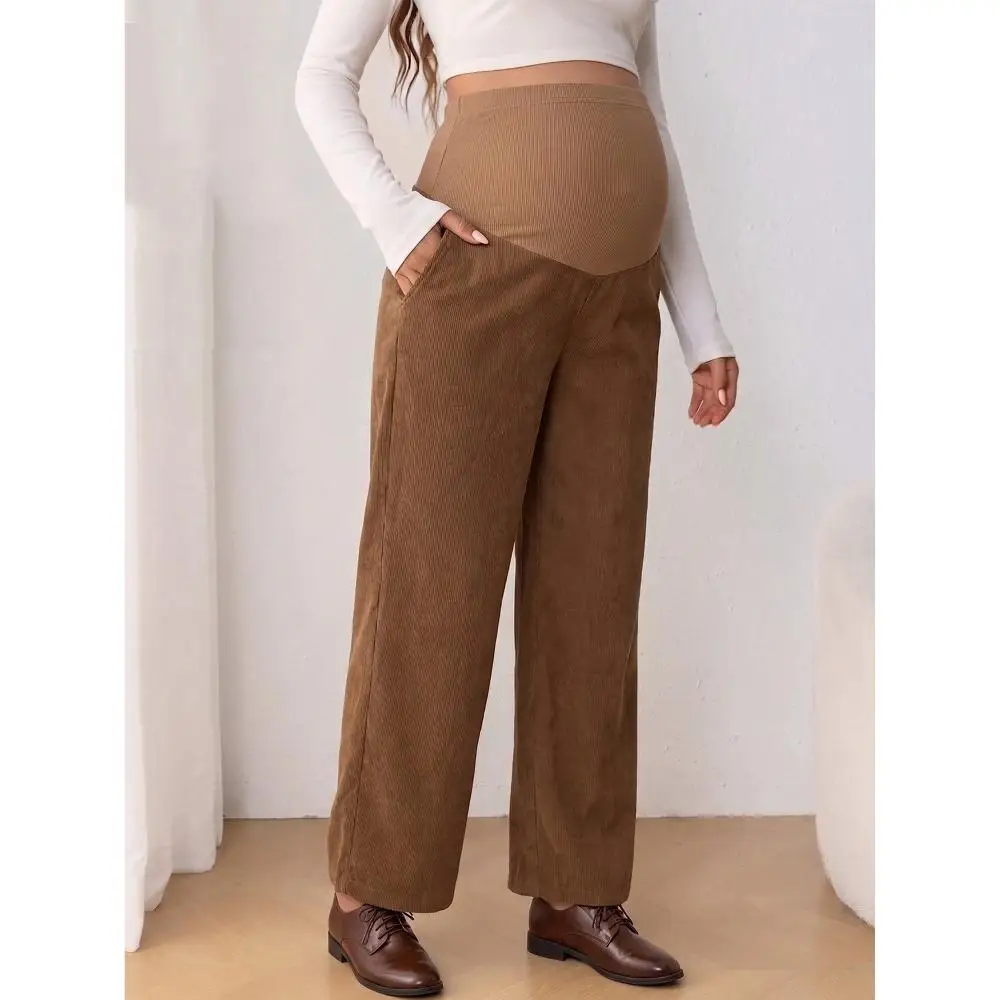 Maternity Autumn Women's Pants with Pockets Brown Corduroy Straight Pants Casual Work Maternity Pants