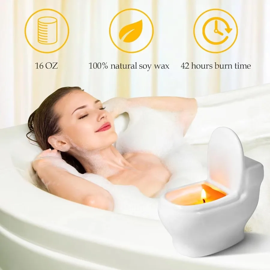 เทียนหอมกลิ่นมะลิ เทียนอโรมาเธอราพี 6 ออนซ์ ติดไฟได้นานกว่า 42 ชั่วโมง รูปทรงโถสุขภัณฑ์ ทำจากถั่วเหลืองปลอดสารพิษ