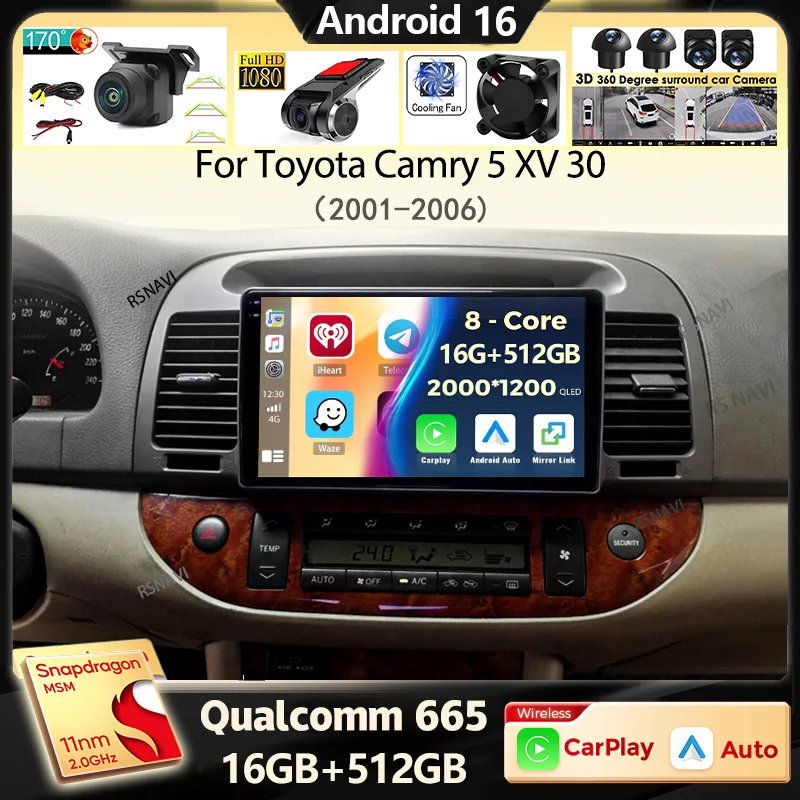 Android 16 Carplay Autoradio für Toyota Camry 5 XV 30 2001 - 2006 Navigation GPS Multimedia Player Stereo Video BT WIFI+4G