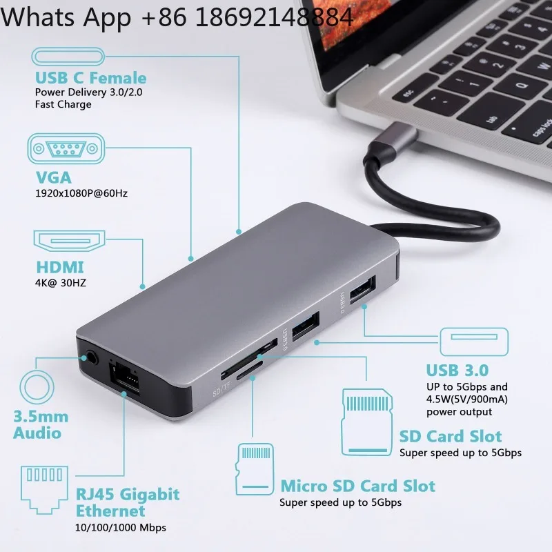 

Mobile Phone Type-C to HDMI Converter Notebook 9-in-1 Docking Station USB3.0 Card Reader Hub Adapter