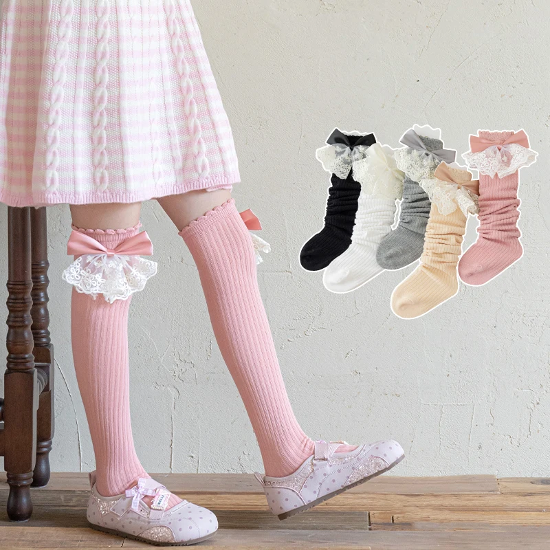 Sweet Lolita Style Over The Knee Socks For Little Girls Delicate Japanese Lace Bow Decor Skin‑Friendly Stretchy Cotton Stockings