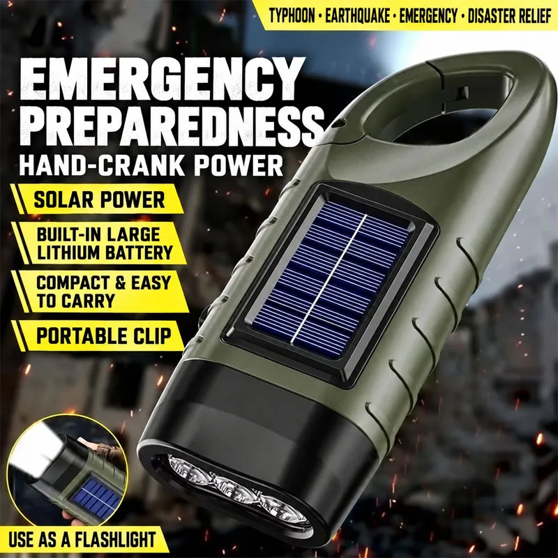 Multi-Purpose Emergency Solar Hand Crank Flashlight Carabiner Hook LED Torch with USB Output Power Bank Portable Rechargeable