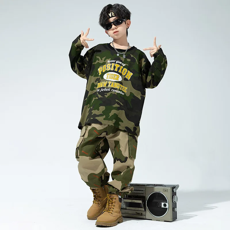 Hiphop Meisjes Camo Kleding Sets Lange Mouw Tops Hiphop Broek Voor Kinderen Optreden Moderne Danskleding Groepskleding