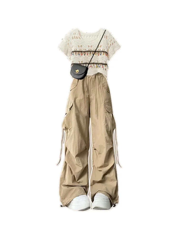 Women's Hollow out Knitted irt Casual High Waist Long Pants Autumn New Sle Faion Set High Waist Leisure Workwear