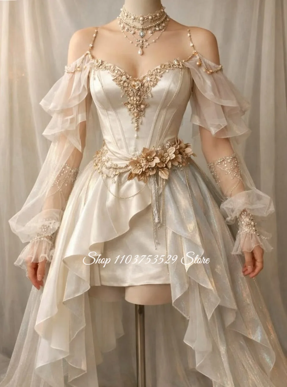 Customized Ivory Elf Wedding Dress Off Shoulder Tulle Sleeve Irregular Train Fairy Fantasy Evening Gown 3D Floral Lace Ball Gown
