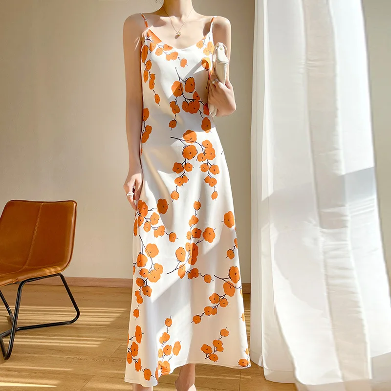 Spring and Summer New Satin Sling Simple Versatile Casual Dress Lady Temperament French Printed Midi Skirt