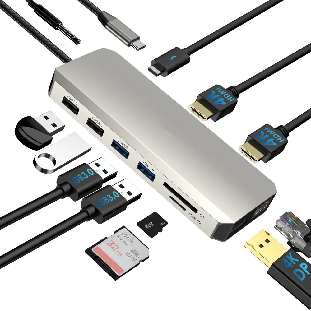USB C Hub Docking Station USB3.1 10Gbps Hub Adapter Triple Display HDMI/VGA/DP PD3.0 100W for MacBook Pro Air PC