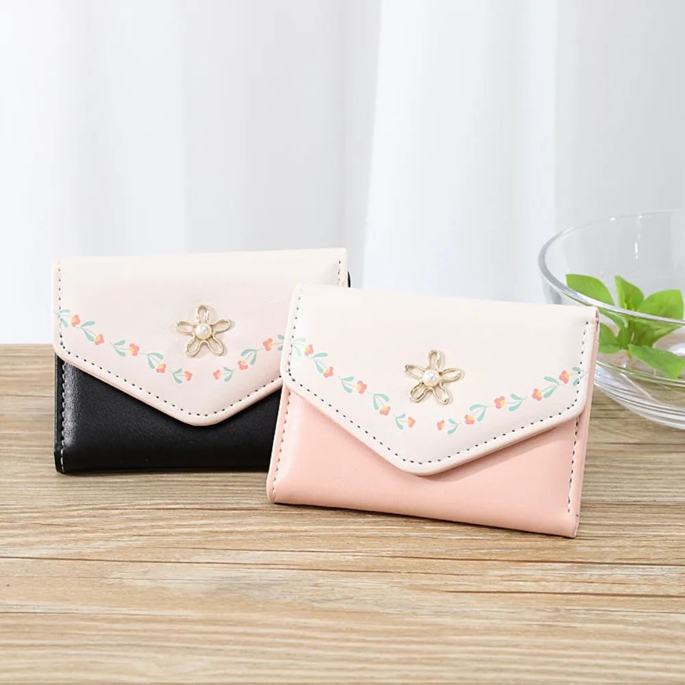 Kawaii PU Envelope Wallet Flower Button Short Triple Fold Purse Pretty Causal Floral Print Card Wallet Women