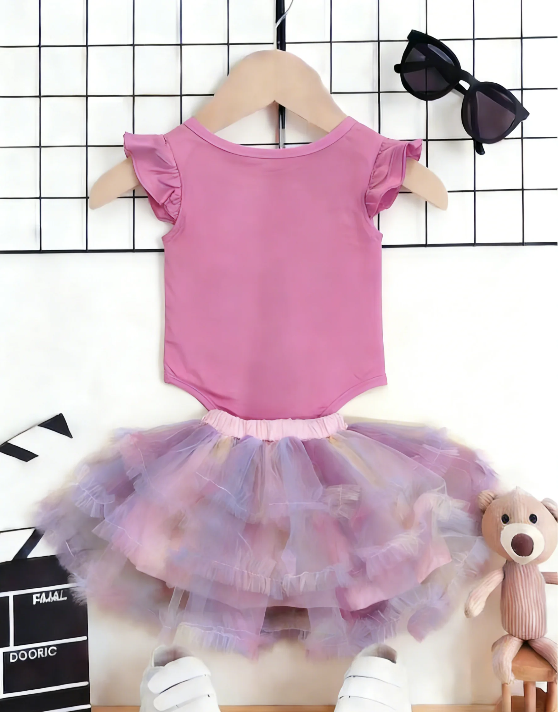 Baby Girl Pink Tee Pink Purple Tutu Skirt Set Cartoon Girl Print Ruffle Sleeve Sweet Style Summer Outfit