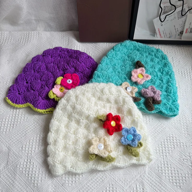 

Вязаная шапка-бини в этническом стиле с цветным цветком, женская осенне-зимняя теплая шерстяная шапка, вязаный крючком пуловер ручной работы, шапка