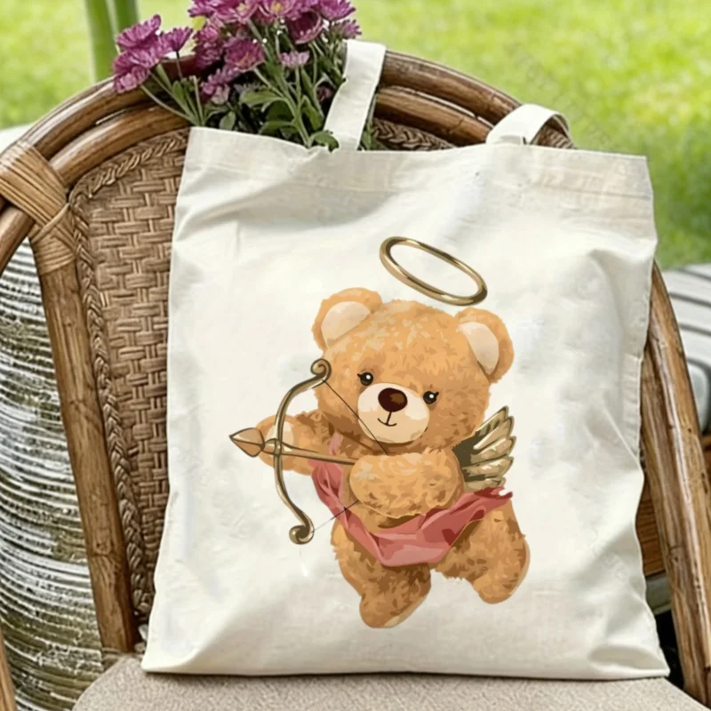 

1pc Cupid Bear Canvas Tote Bag Angel Teddy Bear Print Eco-friendly Reusable Shopping Shoulder Bag Romantic Gift