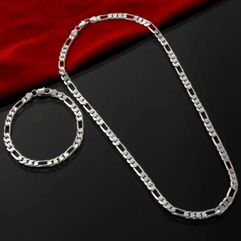 925 Sterling Silver 4MM 16-30 Inches Figaro Chain Bracelet Necklace For Man Woman Fashion Couple Christmas Gift Jewelry Set 2pcs