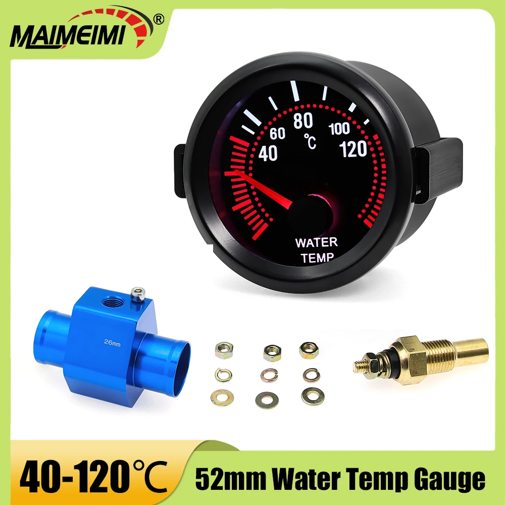 

2" 52mm Water Temperature Gauge 40-120℃ With Water Temp Sensor Water Temp Joint Pipe 26-40mm Hose Adapter for Gasoline Car 12V