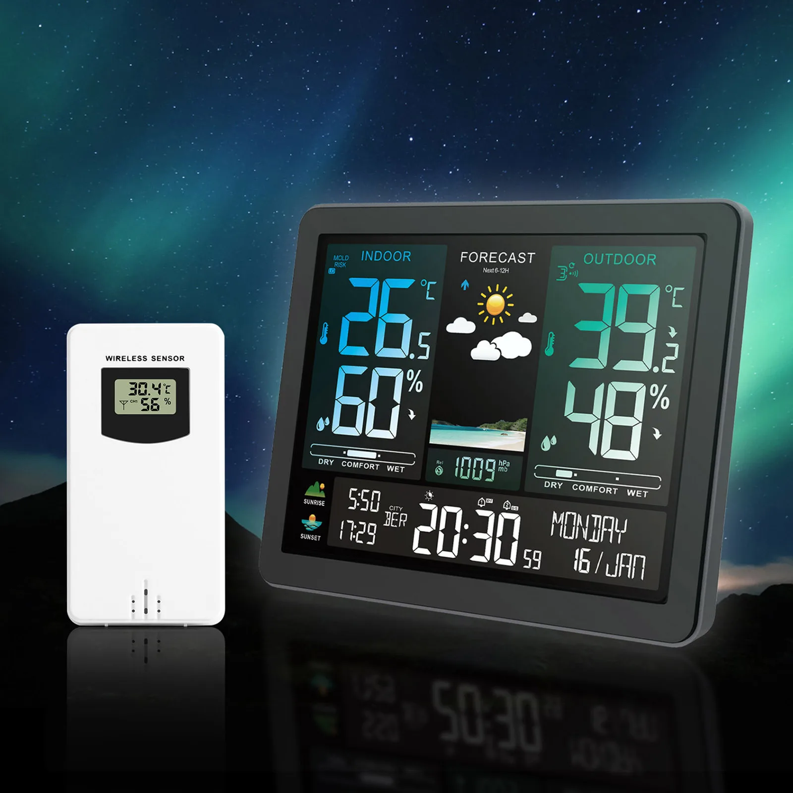 

Wireless Weather Station Digital Table Clock Intelligent Color Screen Clock Temperature and Humidity Alarm Clock Indoor Outdoor