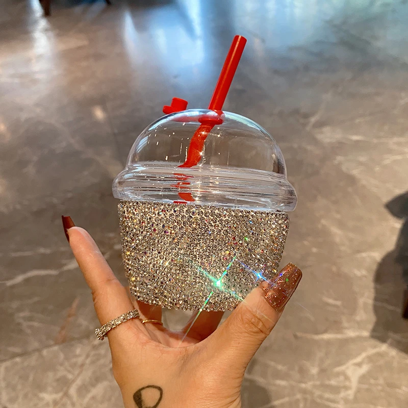 Glass Cup with Straw and Plastic Lid Rhinestone for Women Water Cup Juice Milk Coffee Transparent Bubble Mini Dundun Cup 230ml